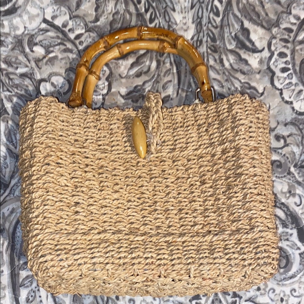Faded Glory Beige Woven Tote with Bamboo Accents